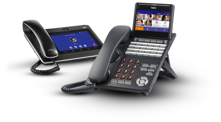Two desktop telephones with large digital display screens for Hybrid systems.